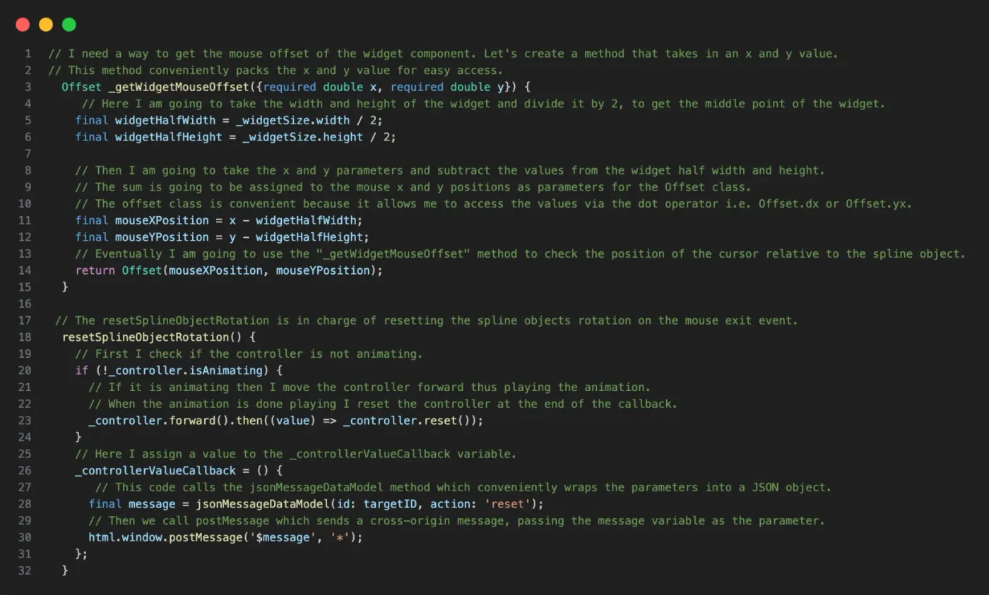 A code editor crowded with long green comments used as presentation notes.