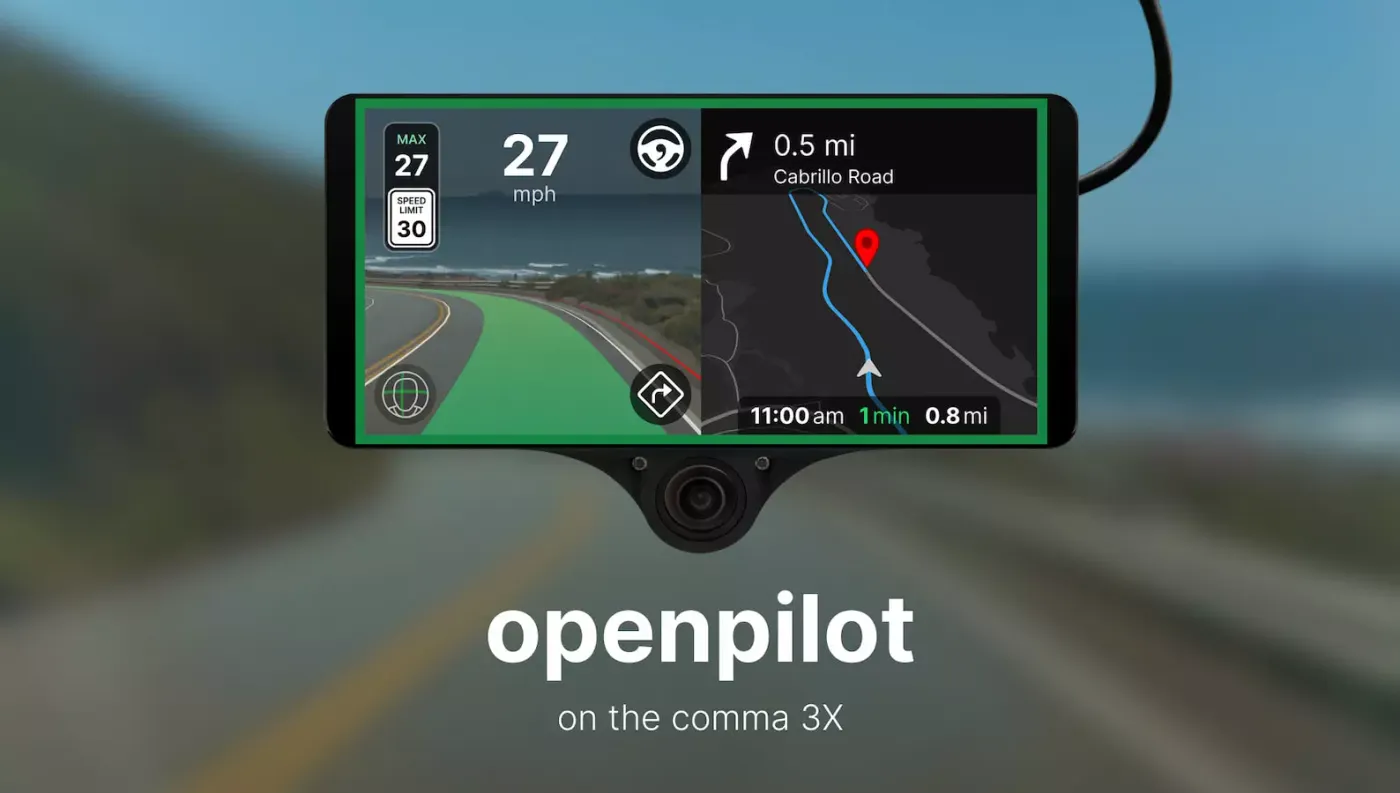 Openpilot running on a comma 3X device mounted inside a car.