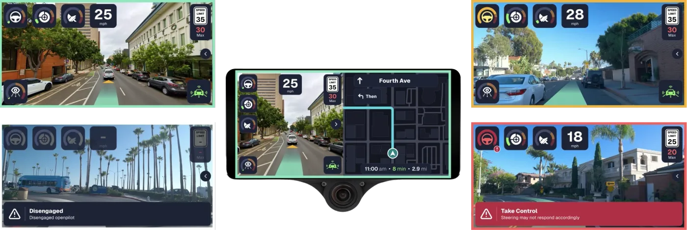 Final design showcasing multiple scenarios of openpilot communicating it’s state.