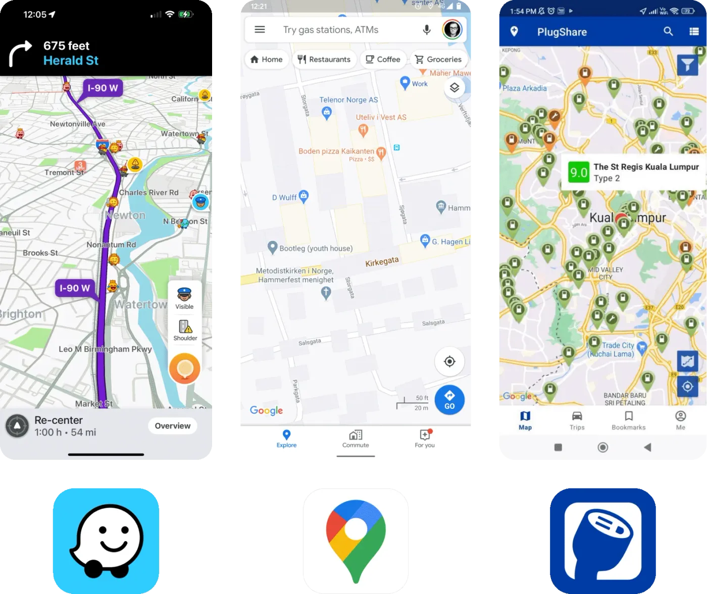 Screenshots of the three products analyzed. Waze (left), Google Maps (middle), and PlugShare (right).