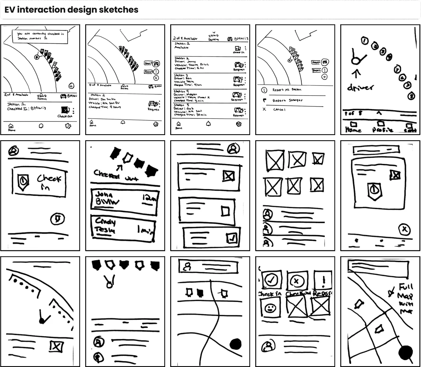 Collage of the sketches showcasing multiple design interfaces and interactions.