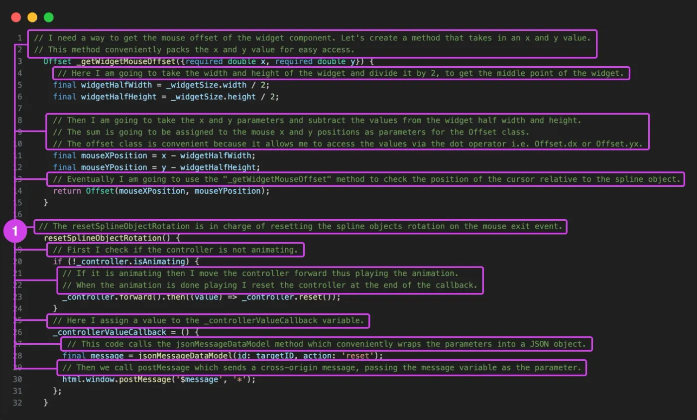 Purple callouts identify presentation notes embedded throughout a code file.