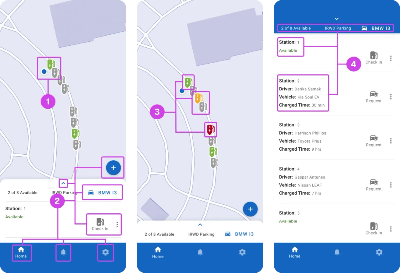 High-fidelity designs of the following 3 important interactions: Check-in, EV station request, and EV charging information.